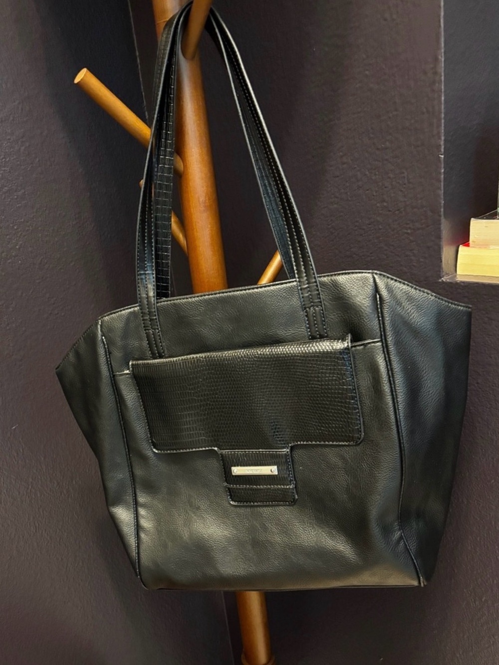 Nine West Black Textured Front Pocket Tote